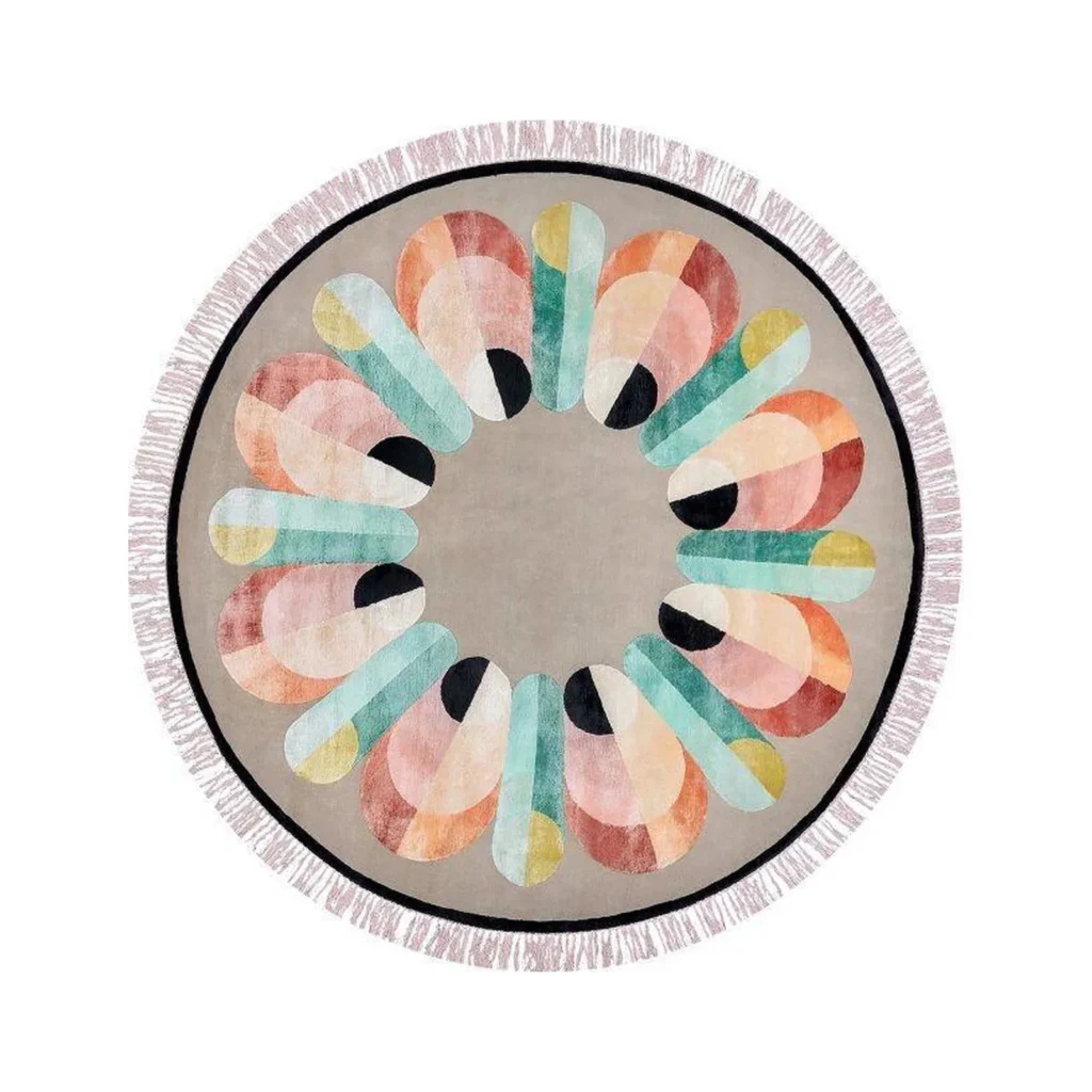 Custom Petal Wheel Round Rug in rust — front view