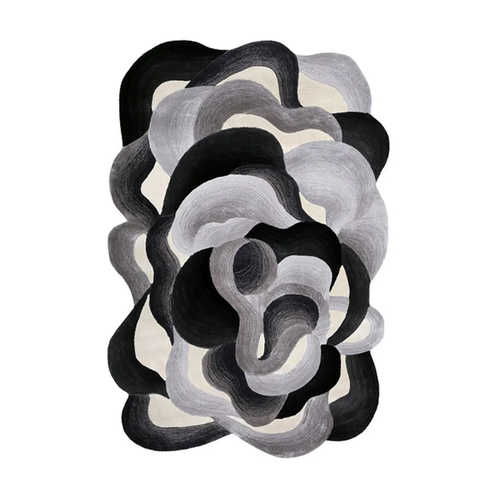 Custom Smoke Swirl Rug in Black, Grey and Cream — front view