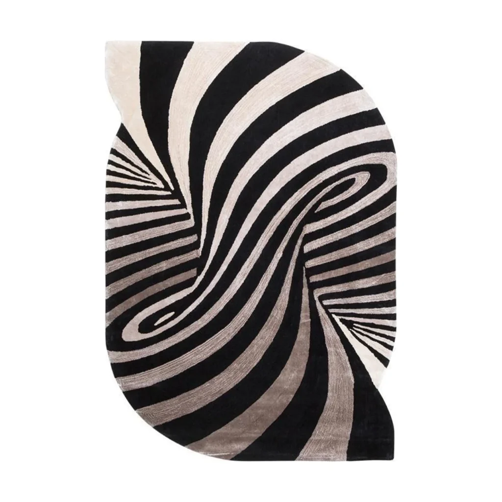 Custom Optical Swirl Rug in Black and Cream — front view