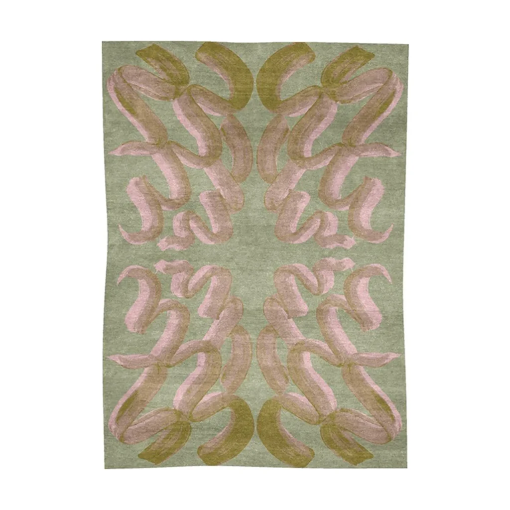 Custom Brushstroke Damask Rug in Sage, Pink and Olive — front view