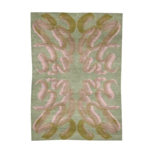 Custom Brushstroke Damask Rug in Sage, Pink and Olive — front view