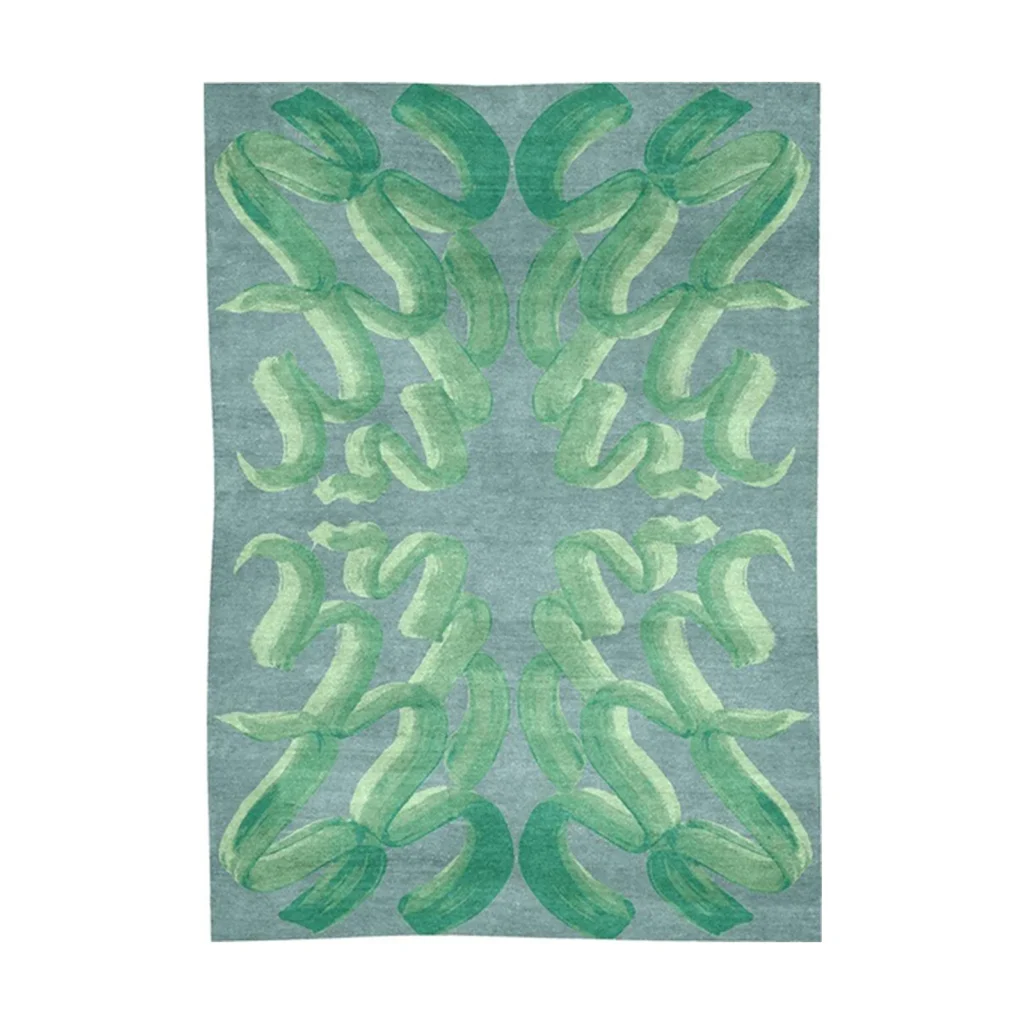 Custom Brushstroke Damask Rug in Teal and Green — front view