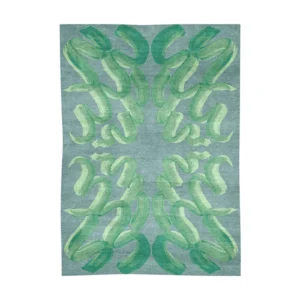 Custom Brushstroke Damask Rug in Teal and Green — front view