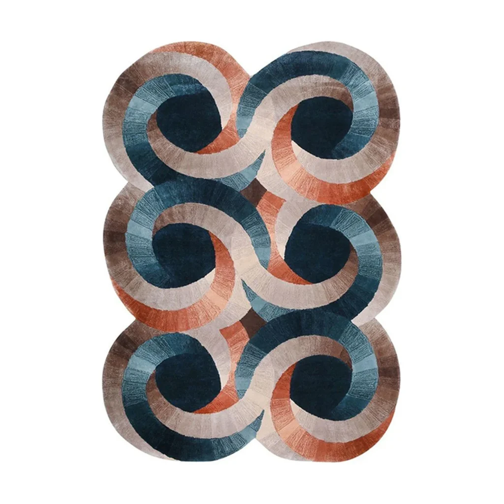 Custom Interlocking Waves Rug in Teal, Rust and Cream — front view