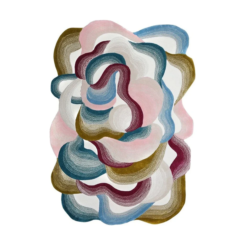 Custom Layered Contour Rug in Teal, Plum, Olive and Pink — front view