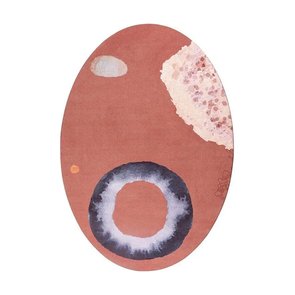 Custom Oval Rug in Terracotta with Ring and Blossom — front view