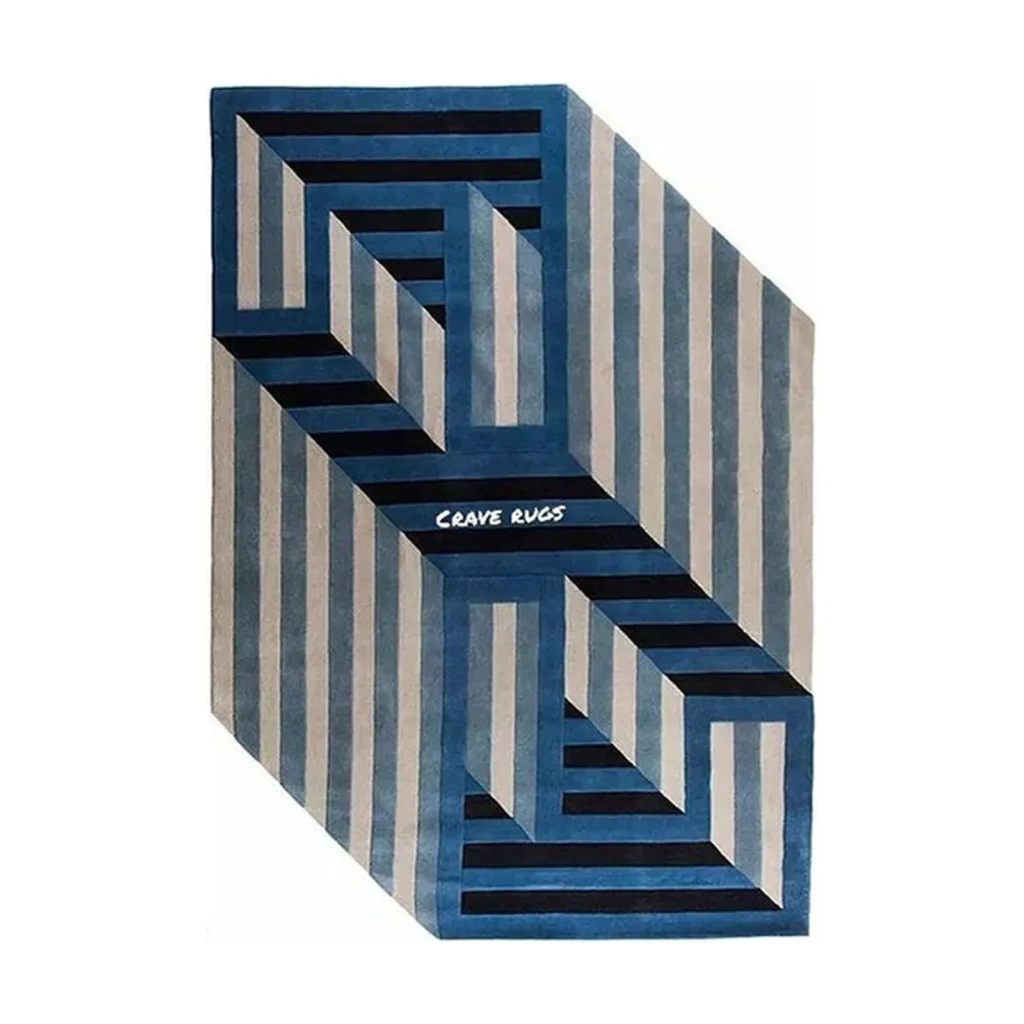 Custom Optical Staircase Rug in Blue and Cream Stripes — front view