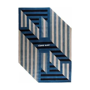Custom Optical Staircase Rug in Blue and Cream Stripes — front view