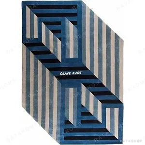 Custom Optical Staircase Rug in Blue and Cream Stripes — in a room setting
