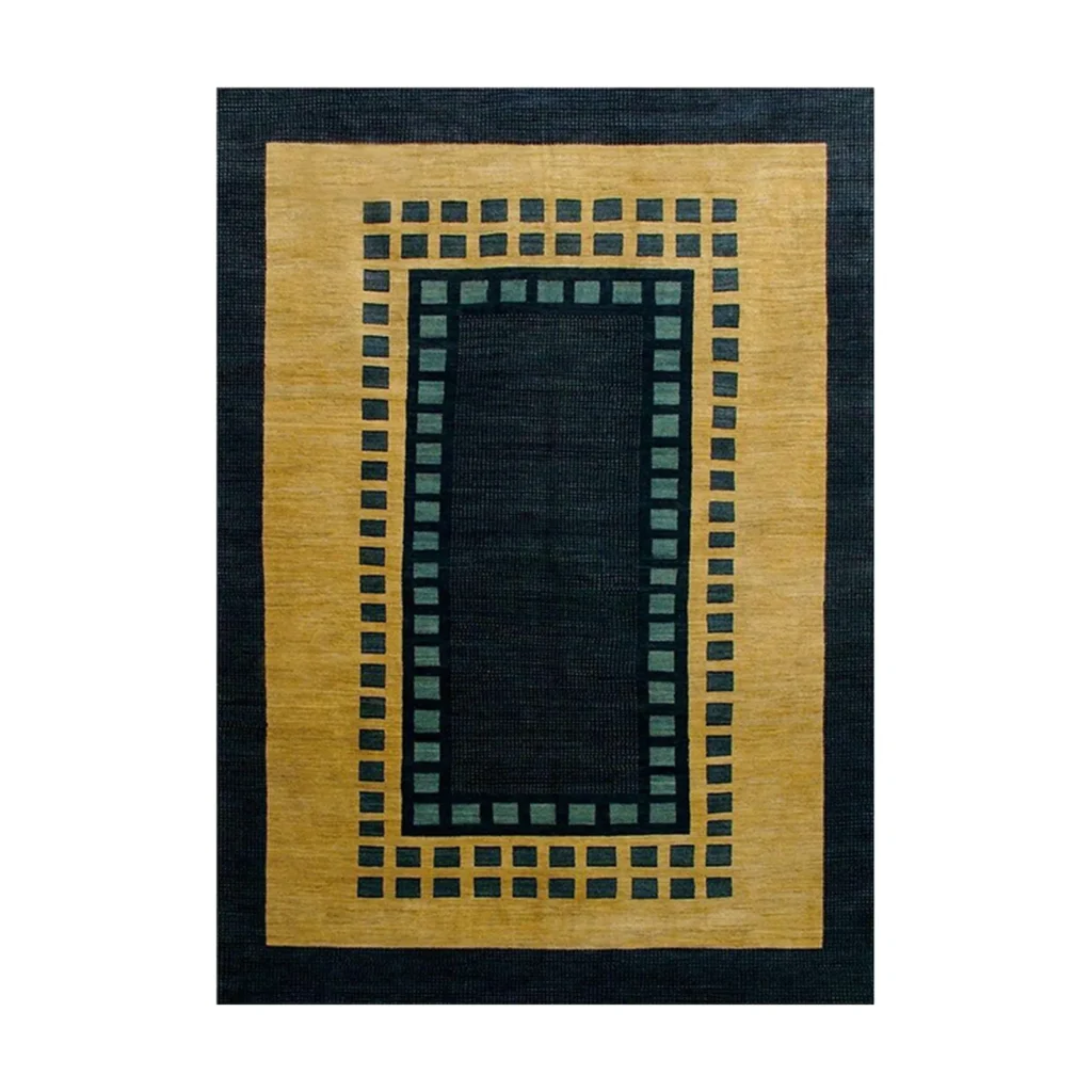 Custom Bordered Rug in Navy, Mustard and Teal Check — front view