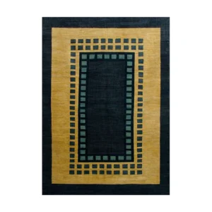 Custom Bordered Rug in Navy, Mustard and Teal Check — front view