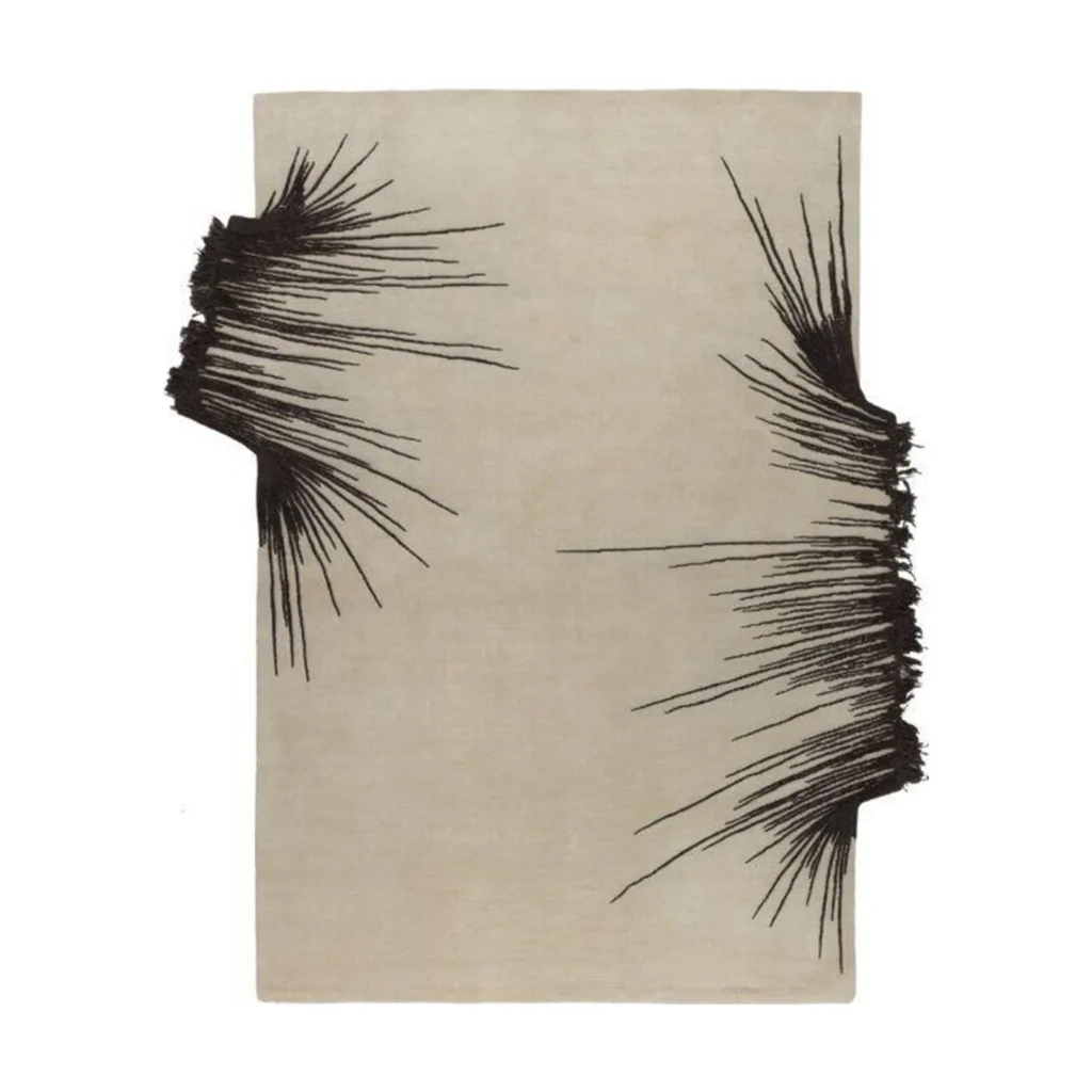 Custom Cream Rug with Black Fringe Bursts in oatmeal — front view