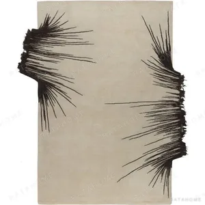 Custom Cream Rug with Black Fringe Bursts in oatmeal — in a room setting