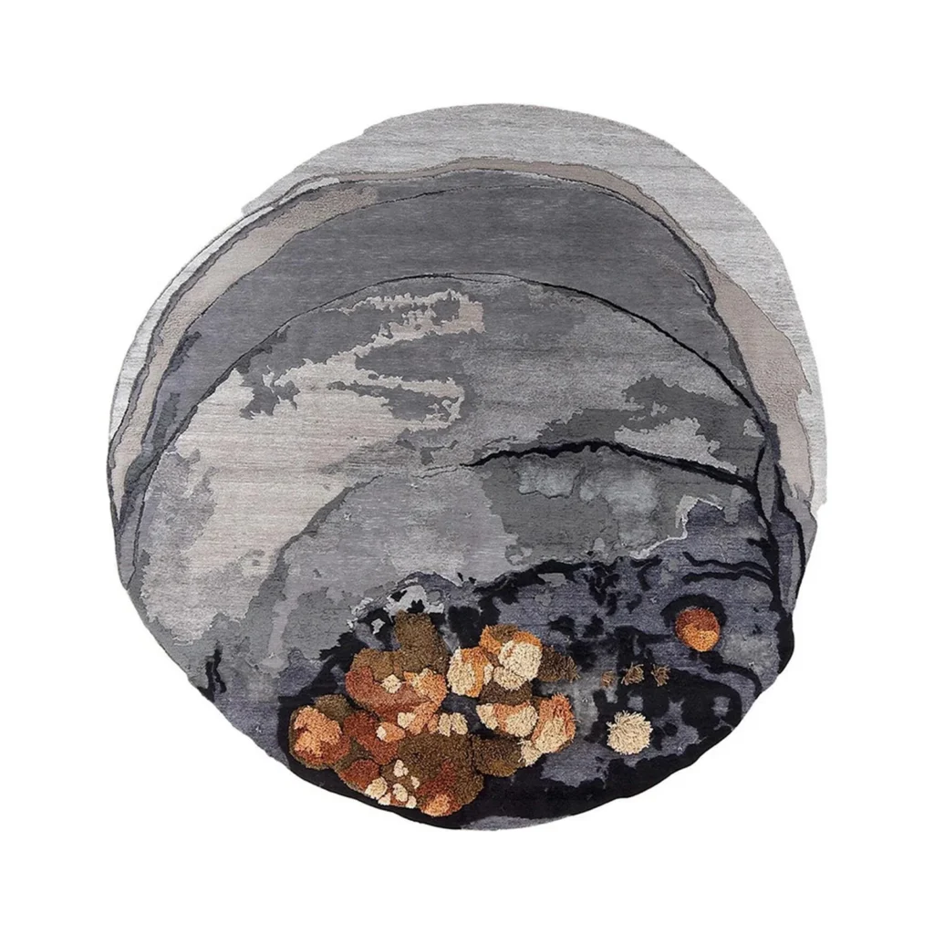 Custom Storm Round Rug in Grey with Floral Corner — front view