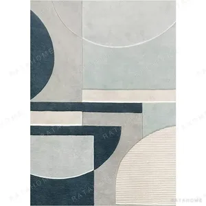 Custom Geometric Colour Block Rug in Teal, Sage and Cream — in a room setting