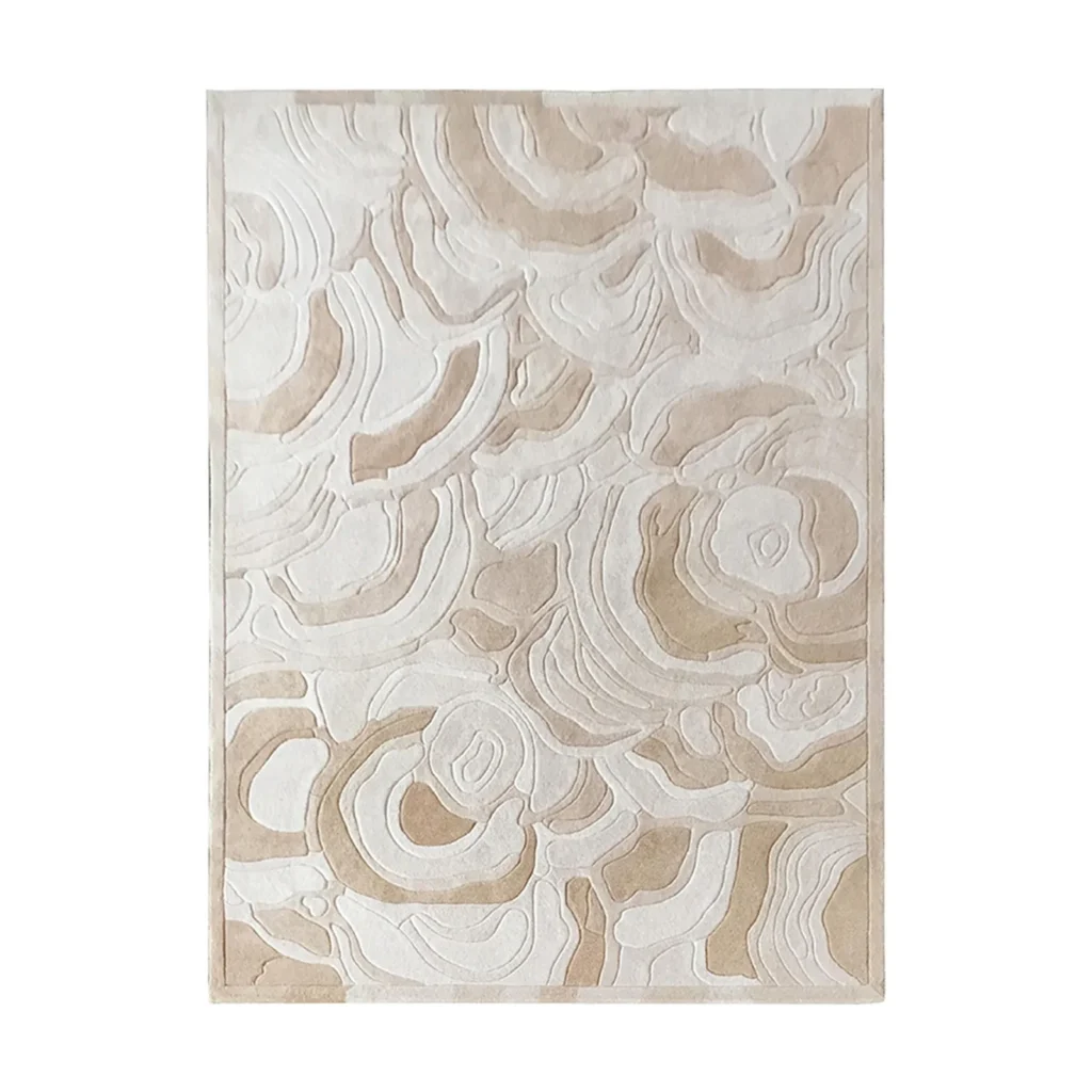 Custom Cream Relief Rug with Carved Ring Pattern in oatmeal — front view