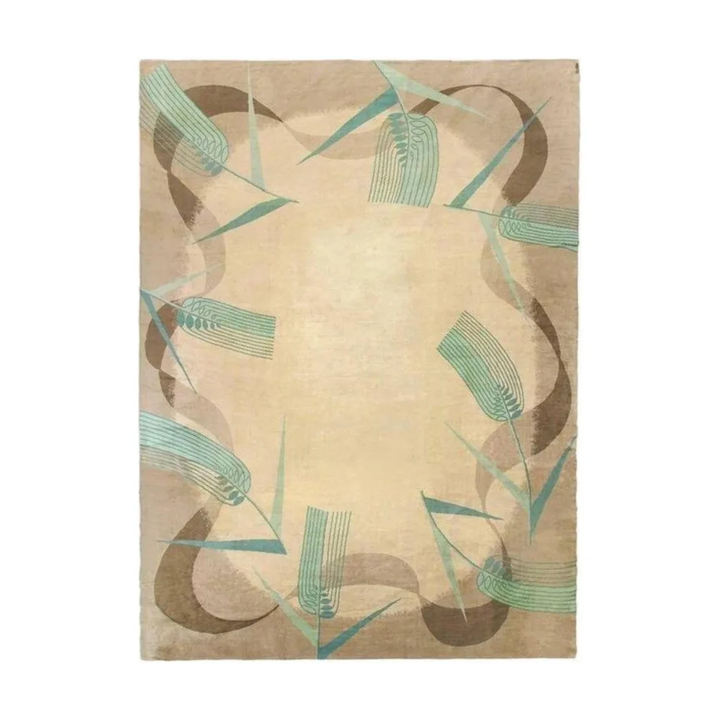 Custom Ribbon Border Rug in Sand, Taupe and Teal — front view