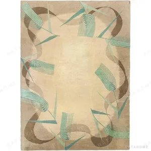Custom Ribbon Border Rug in Sand, Taupe and Teal — in a room setting