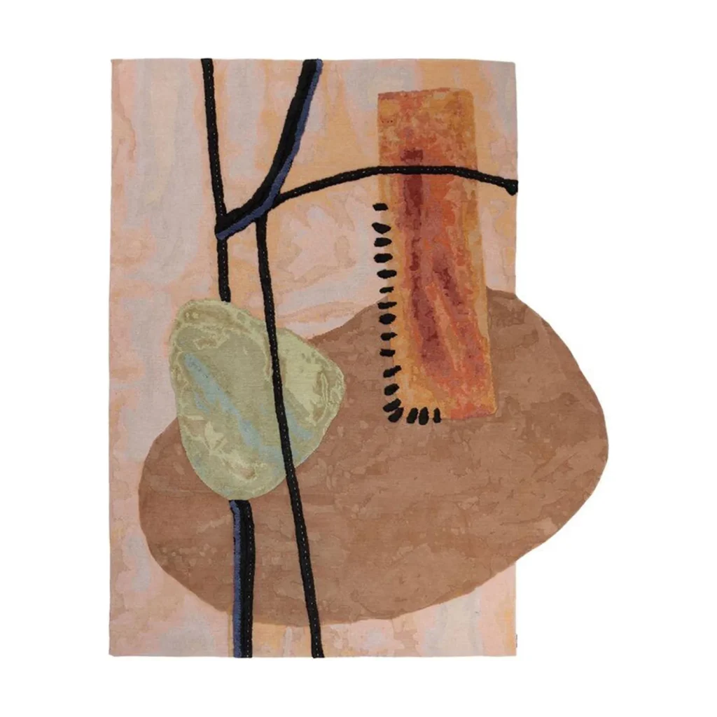 Custom Abstract Painting Rug in Peach, Sage and Navy Lines — front view