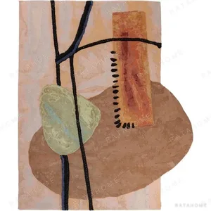 Custom Abstract Painting Rug in Peach, Sage and Navy Lines — in a room setting