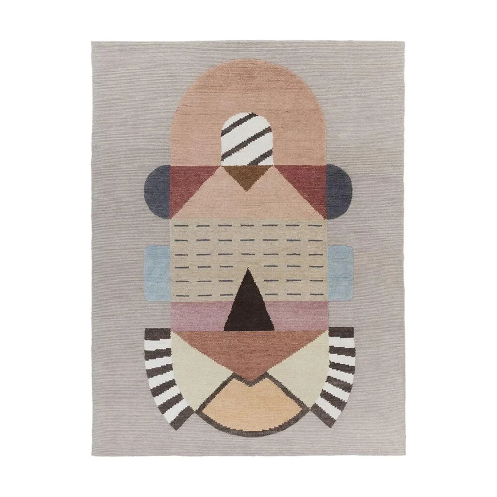 Custom Totem Rug in Blush, Tan, Blue and Black Stripes — front view