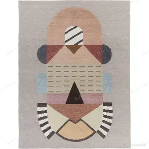 Custom Totem Rug in Blush, Tan, Blue and Black Stripes — in a room setting