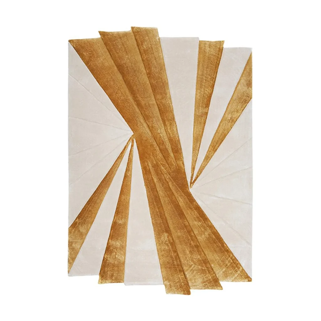 Custom Gold Ray Rug on Cream with Fanned Edge in oatmeal — front view