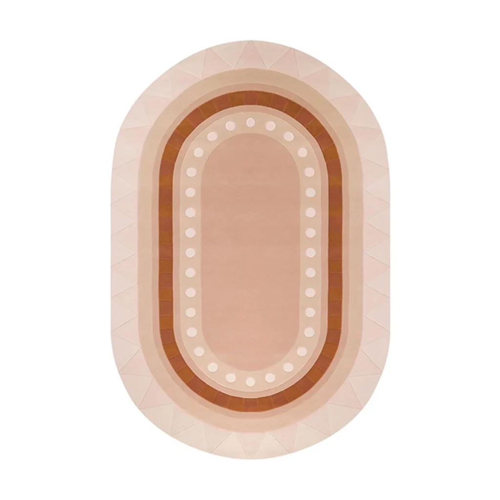 Custom Oval Bordered Rug in Blush and Terracotta with Dots — front view