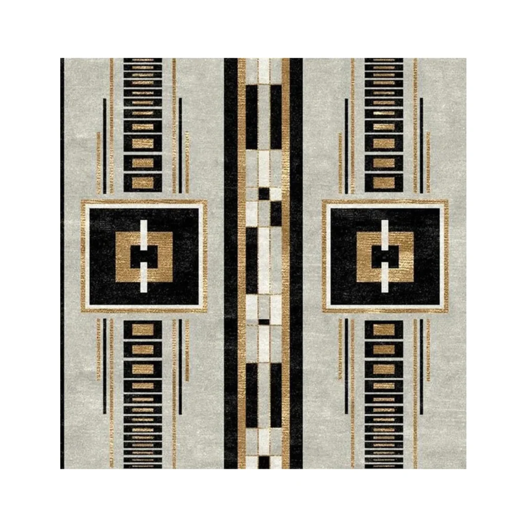 Custom Art Deco Panel Rug in Black, Gold and Grey — front view