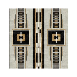 Custom Art Deco Panel Rug in Black, Gold and Grey — front view