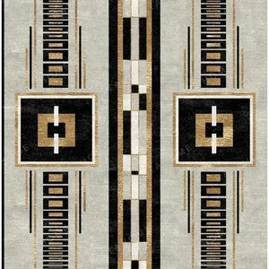 Custom Art Deco Panel Rug in Black, Gold and Grey — in a room setting
