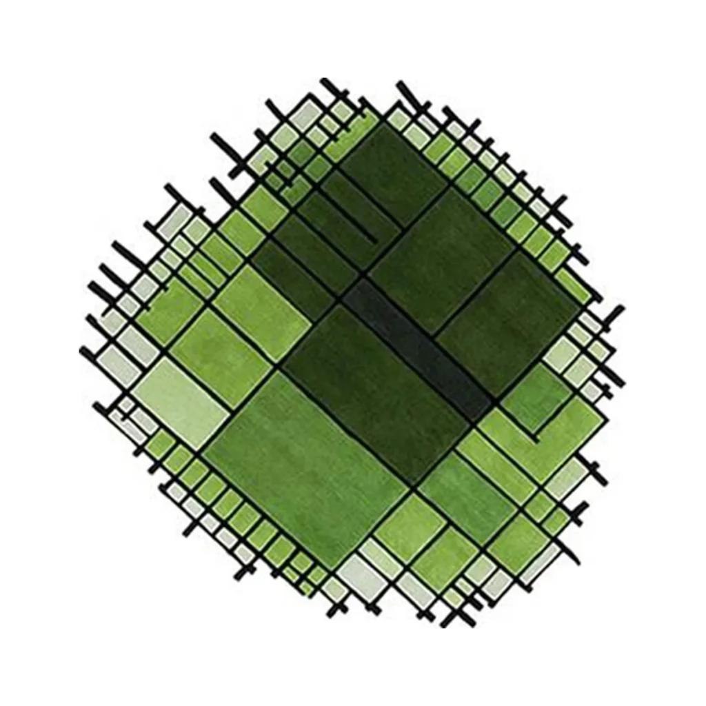 Custom Green Field Grid Rug with Irregular Edge in olive — front view