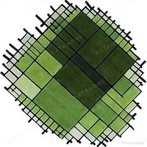 Custom Green Field Grid Rug with Irregular Edge in olive — in a room setting
