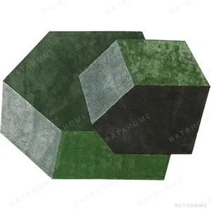 Custom Isometric Cube Rug in Green and Grey — in a room setting