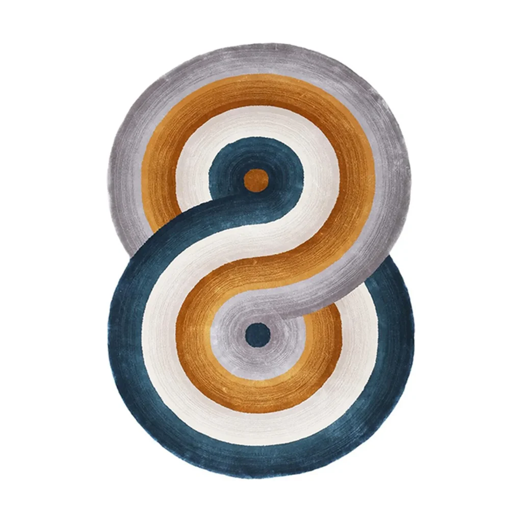 Custom Figure-Eight Rug in Teal, Amber and Cream — front view