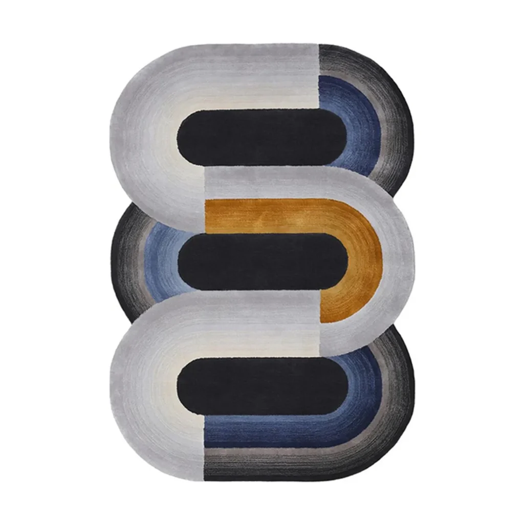 Custom Stacked Track Rug in Navy, Amber and Cream — front view