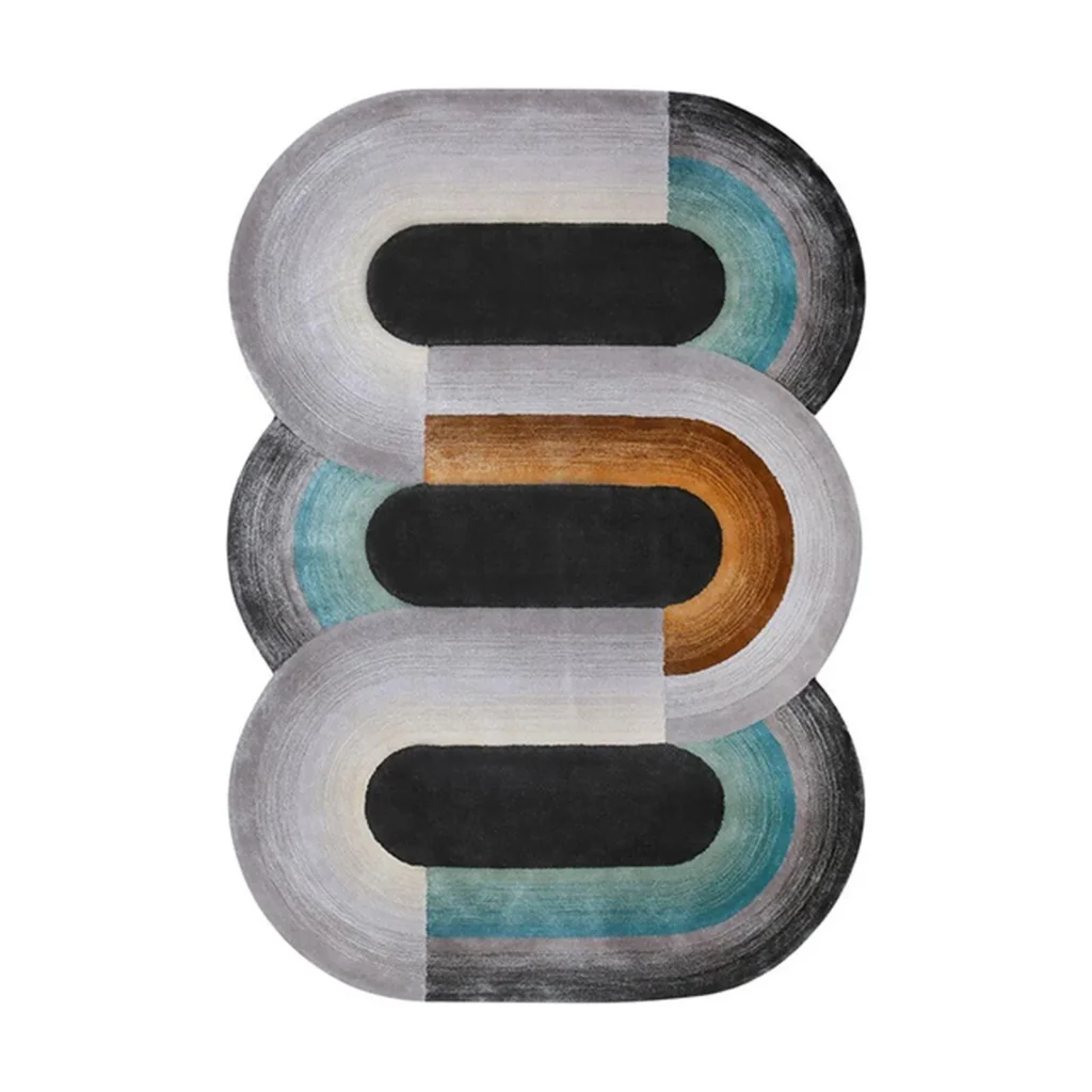 Custom Stacked Track Rug in Teal, Rust and Grey — front view