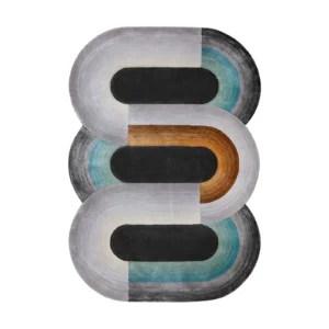 Custom Stacked Track Rug in Teal, Rust and Grey — front view