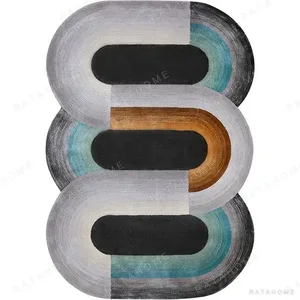 Custom Stacked Track Rug in Teal, Rust and Grey — in a room setting