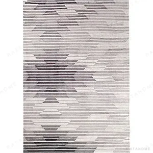 Custom Faceted Stripe Rug in Grey, Taupe and Cream — in a room setting