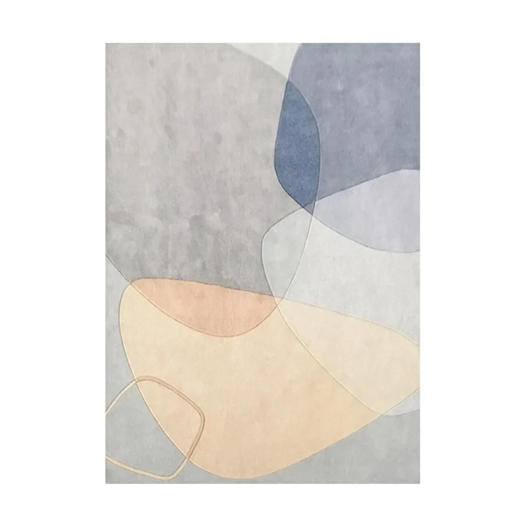 Custom Translucent Shapes Rug in Blue, Peach and Grey — front view