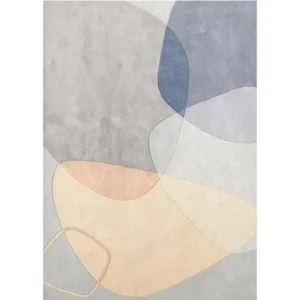 Custom Translucent Shapes Rug in Blue, Peach and Grey — in a room setting