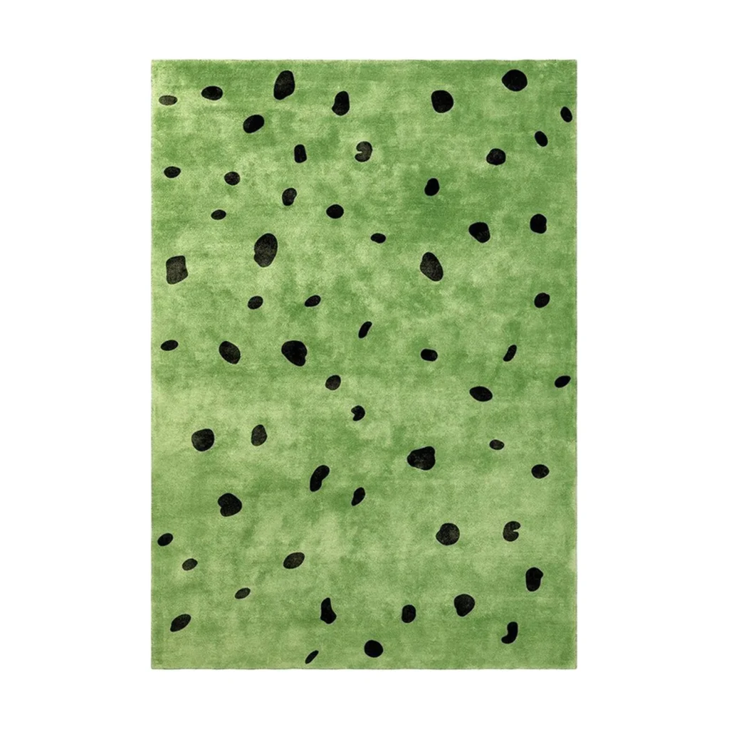 Custom Green Rug with Scattered Black Spots in olive — front view