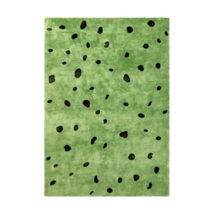 Custom Green Rug with Scattered Black Spots in olive — front view