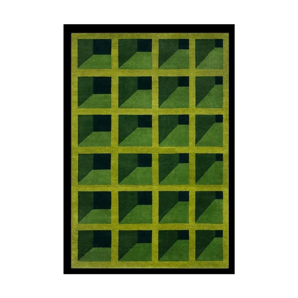 Custom Green Isometric Grid Rug with Black Border in olive — front view