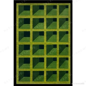 Custom Green Isometric Grid Rug with Black Border in olive — in a room setting