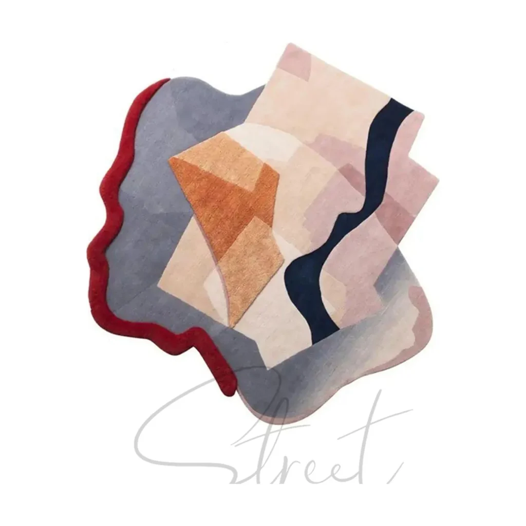 Custom Collage Rug in Blush, Grey, Navy and Red Wave Edge — front view