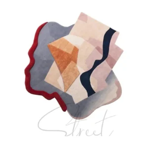 Custom Collage Rug in Blush, Grey, Navy and Red Wave Edge — front view