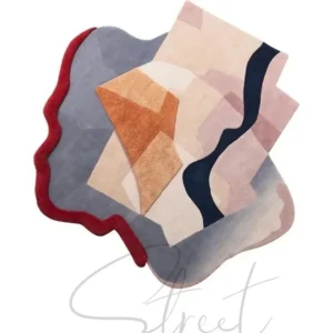 Custom Collage Rug in Blush, Grey, Navy and Red Wave Edge — in a room setting