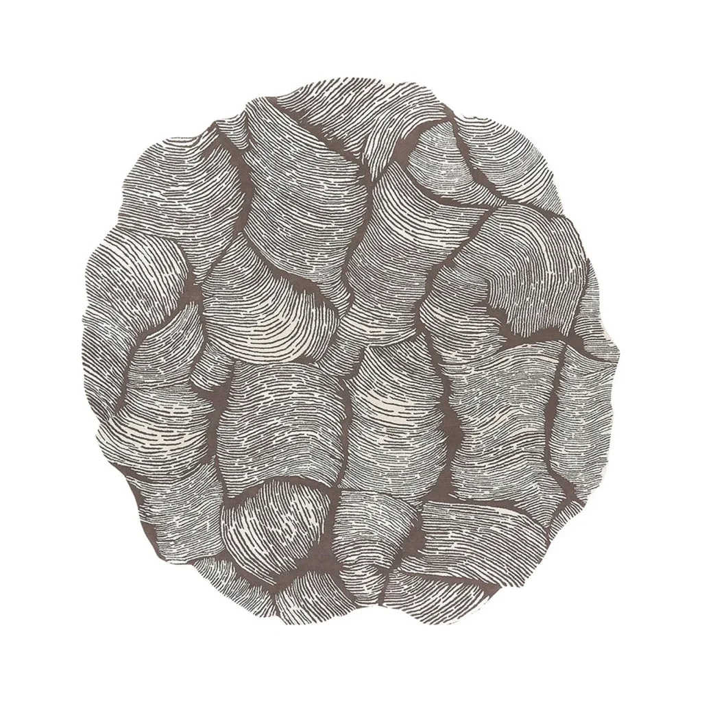 Custom Coral Round Rug in Grey Line Drawing — front view